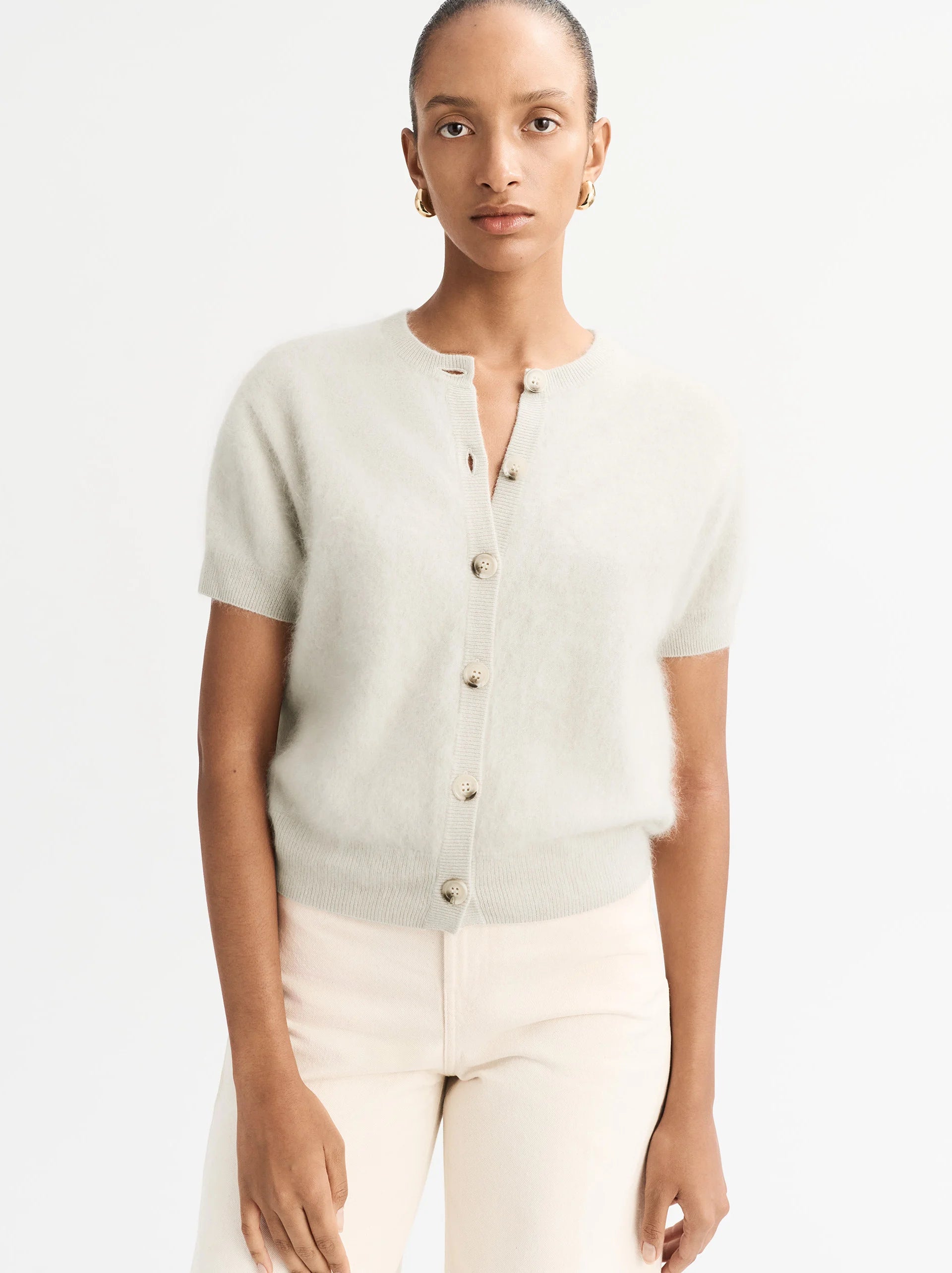 Brushed Short Sleeve Cardigan - Chalk