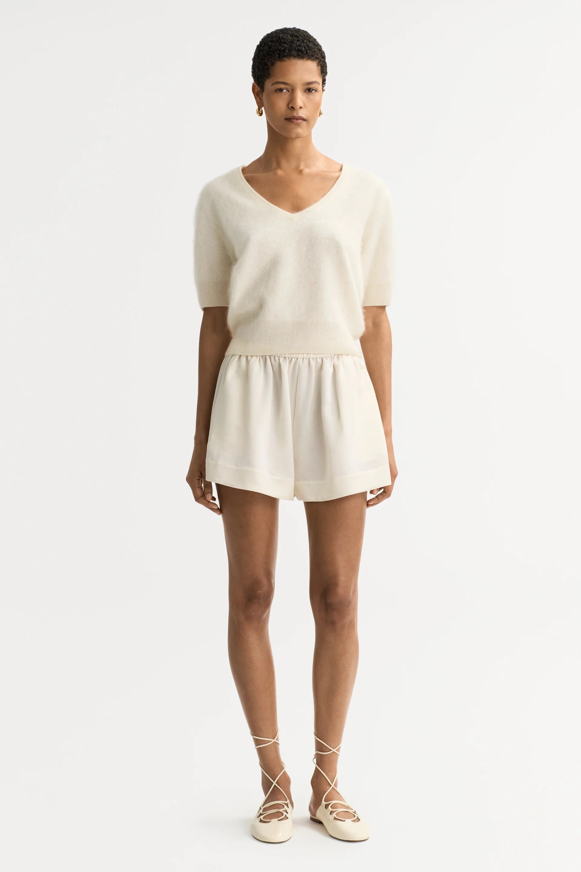 Brushed V-neck T-shirt - Feather White
