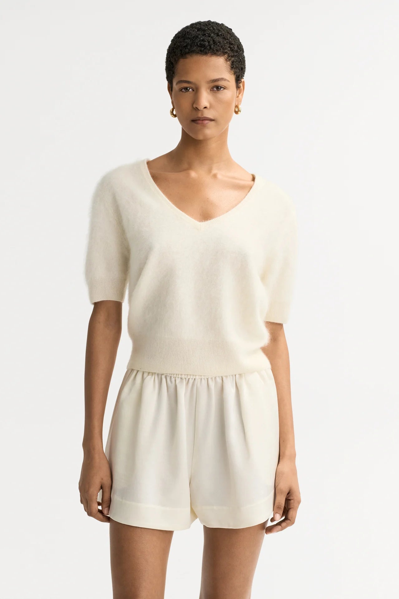 Brushed V-neck T-shirt - Feather White