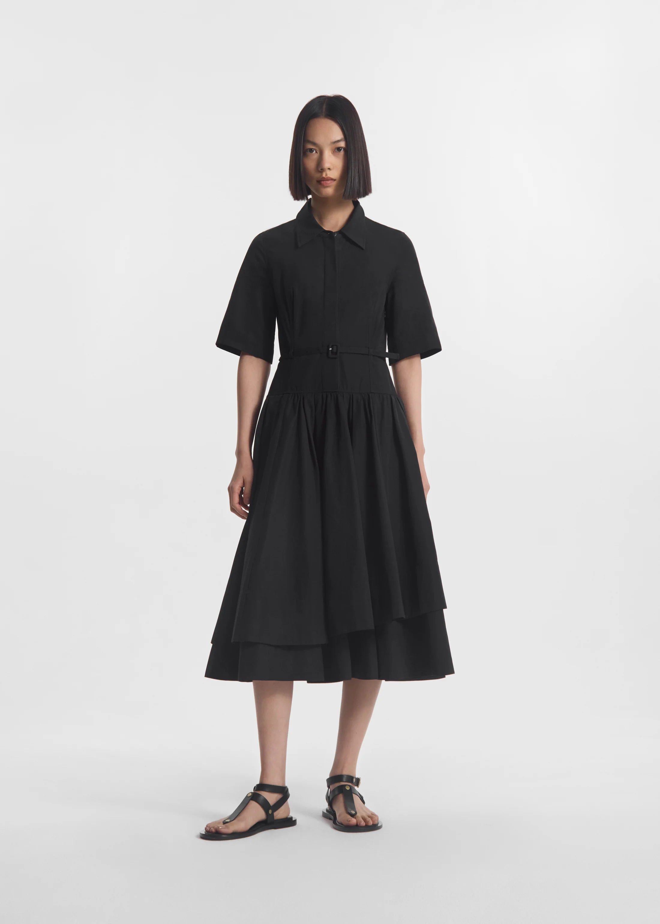 Short Sleeve Belted Dress - Black
