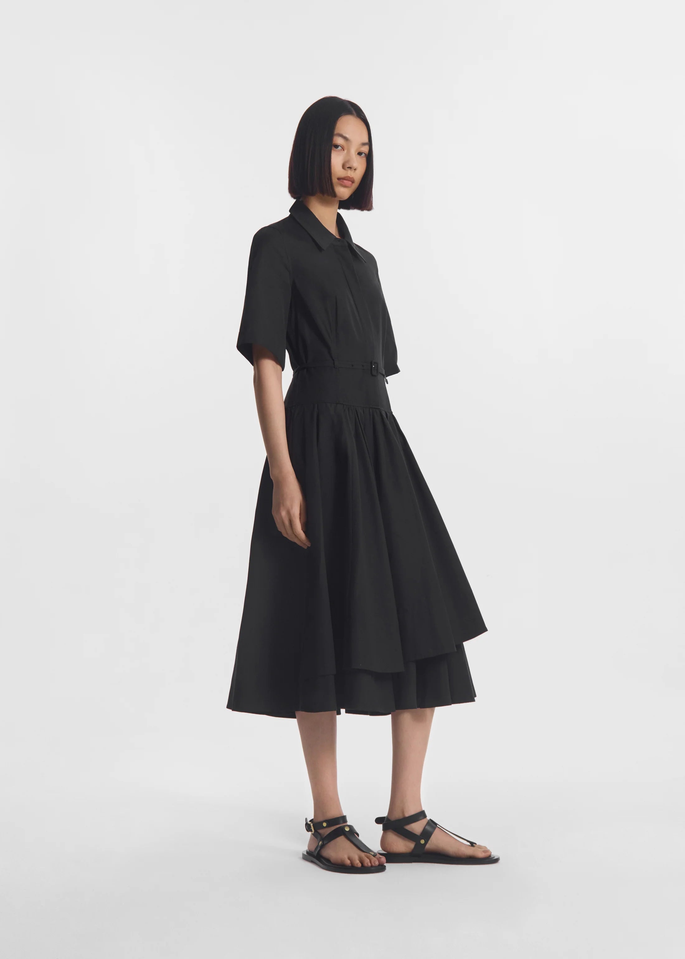Short Sleeve Belted Dress - Black