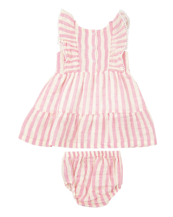Picot Edged Dress & Diaper Cover - Pink Stripe