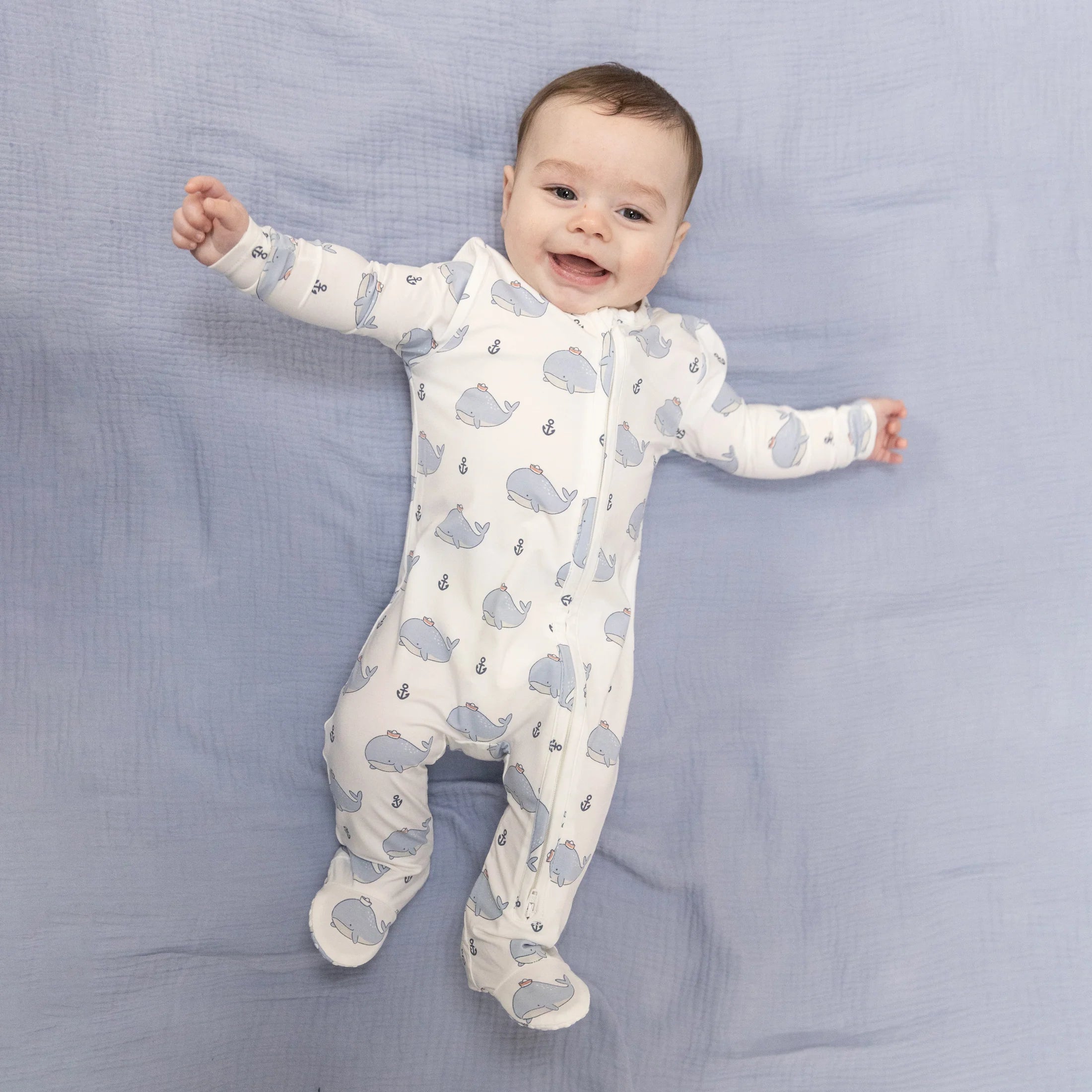 2 Way Zipper Footie - Bubbly Sailor Whales Blue