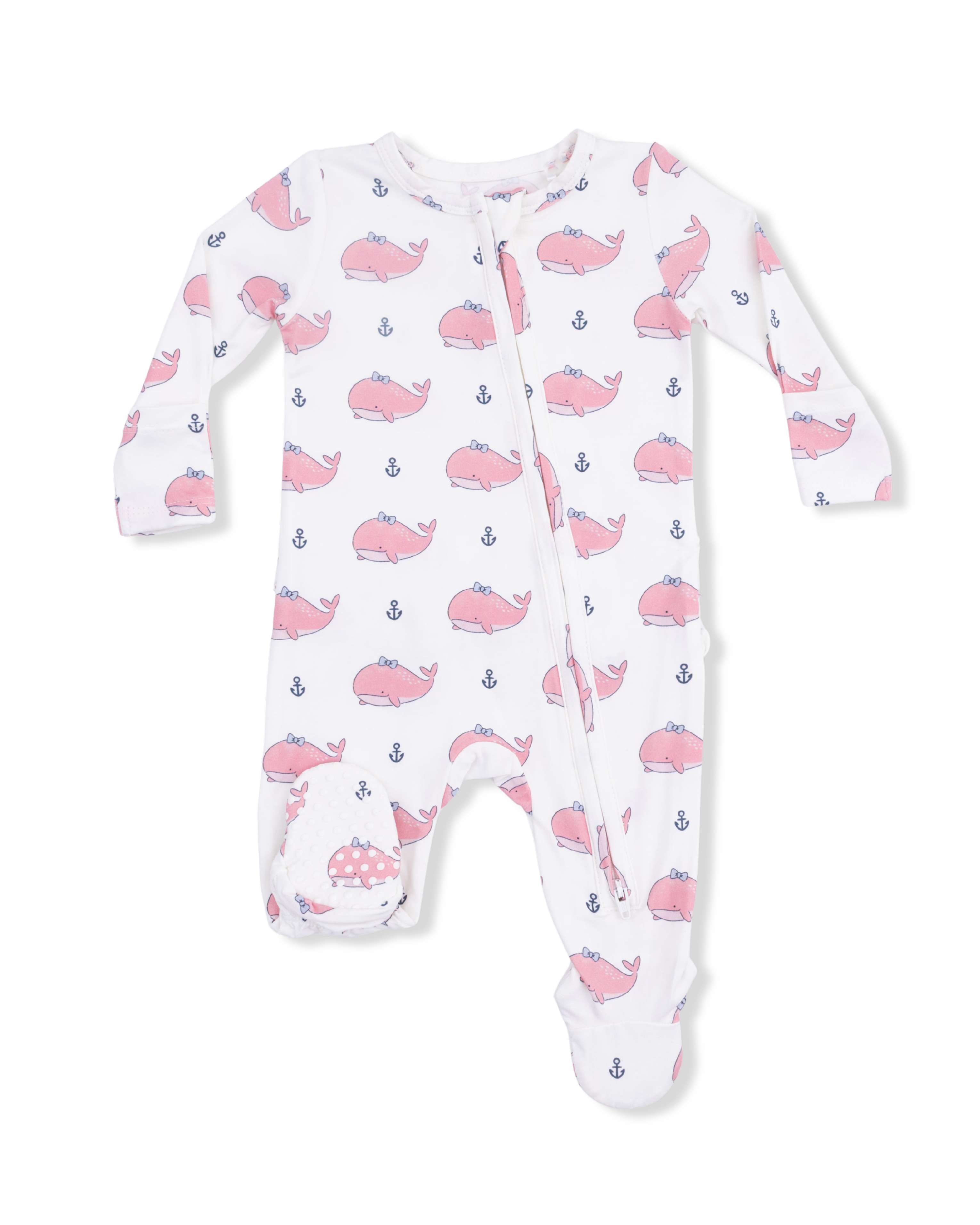 2 Way Ruffle Back Zipper Footie - Bubbly Whale with Bow Pink