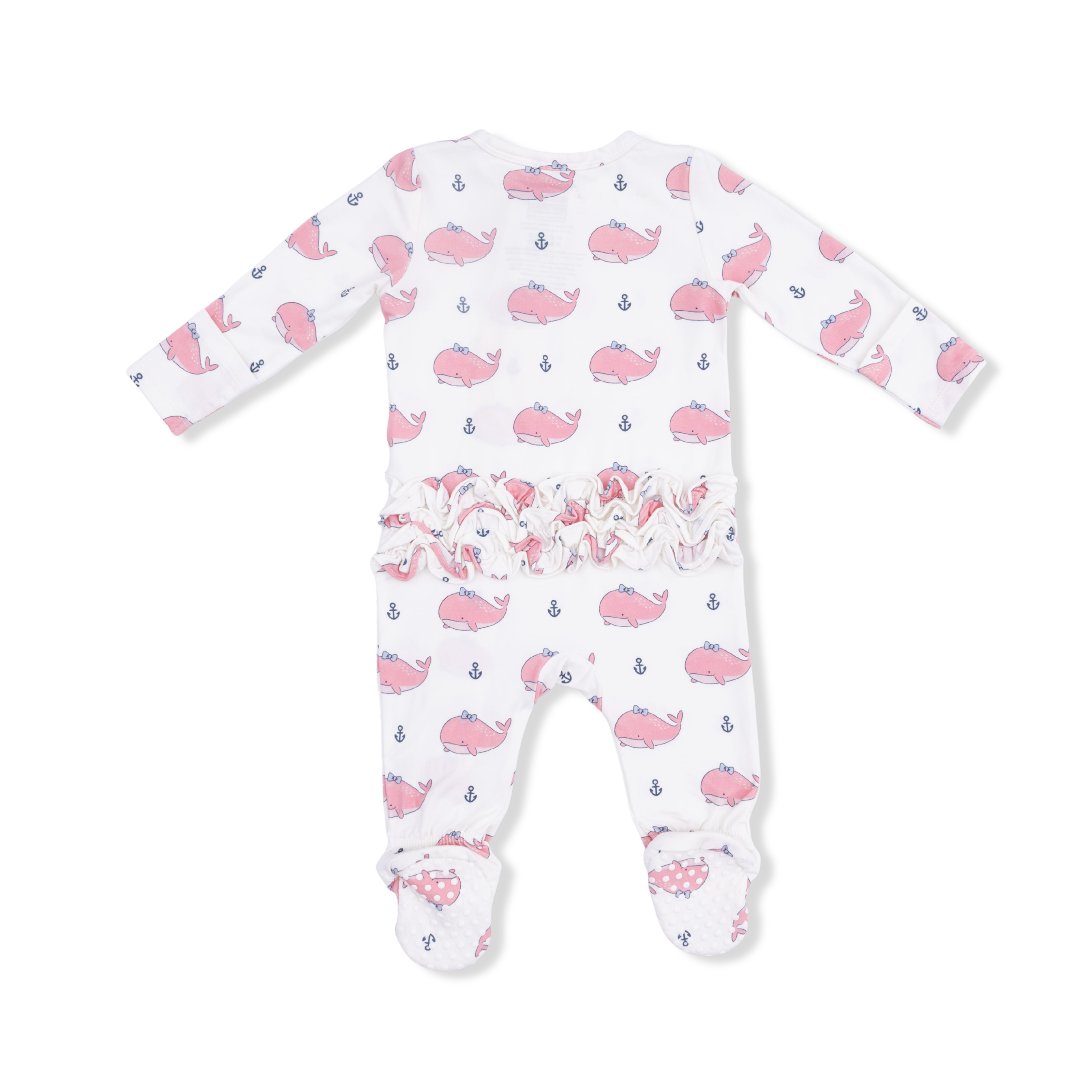 2 Way Ruffle Back Zipper Footie - Bubbly Whale with Bow Pink