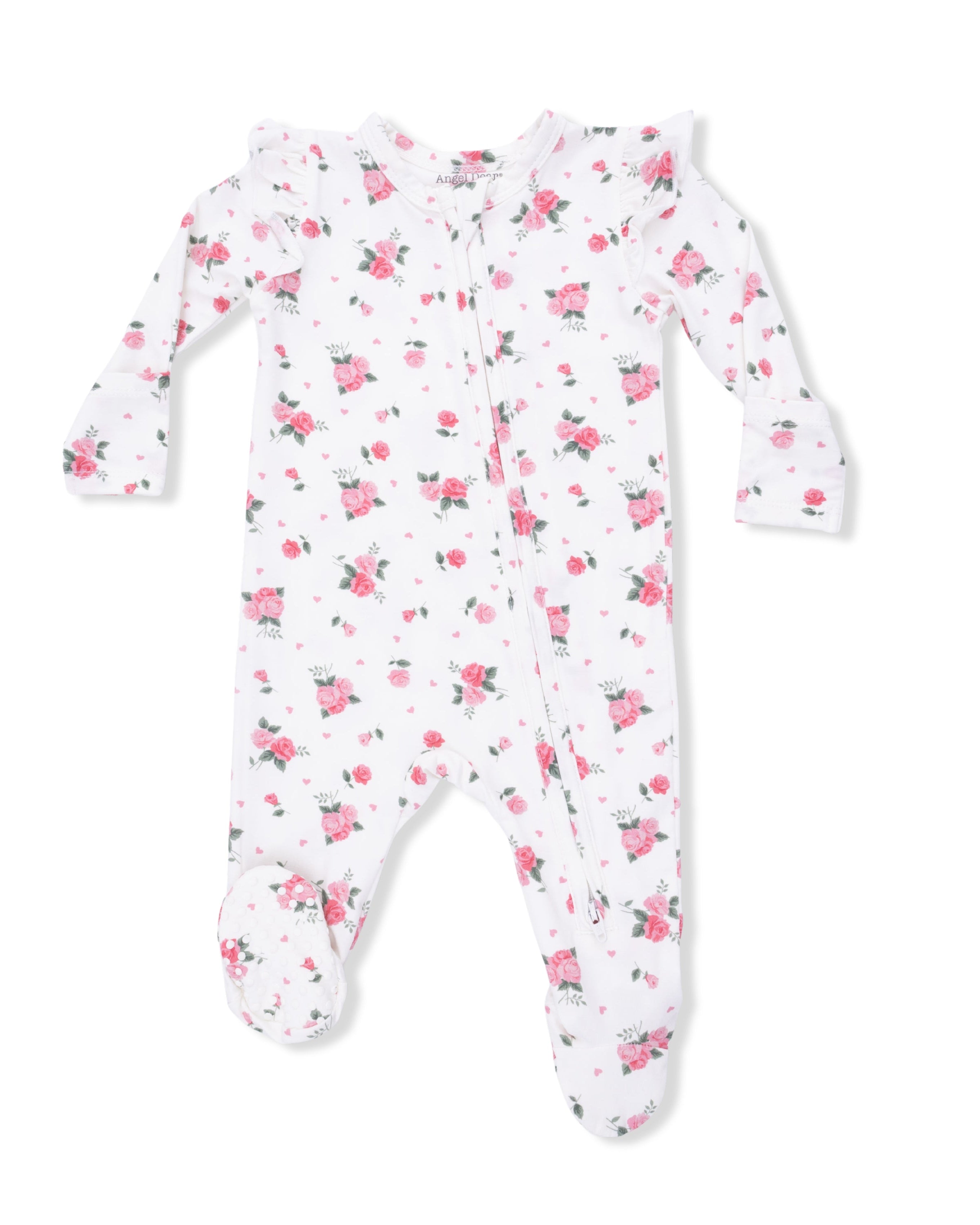 2 Way Ruffle Sleeve Zipper Footie - Pink Rosettes
