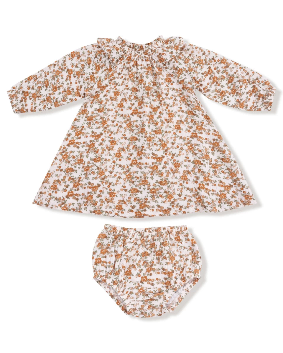 Long Sleeve Ruffle Smocked Neck Dress + Diaper Cover Prairie Calico