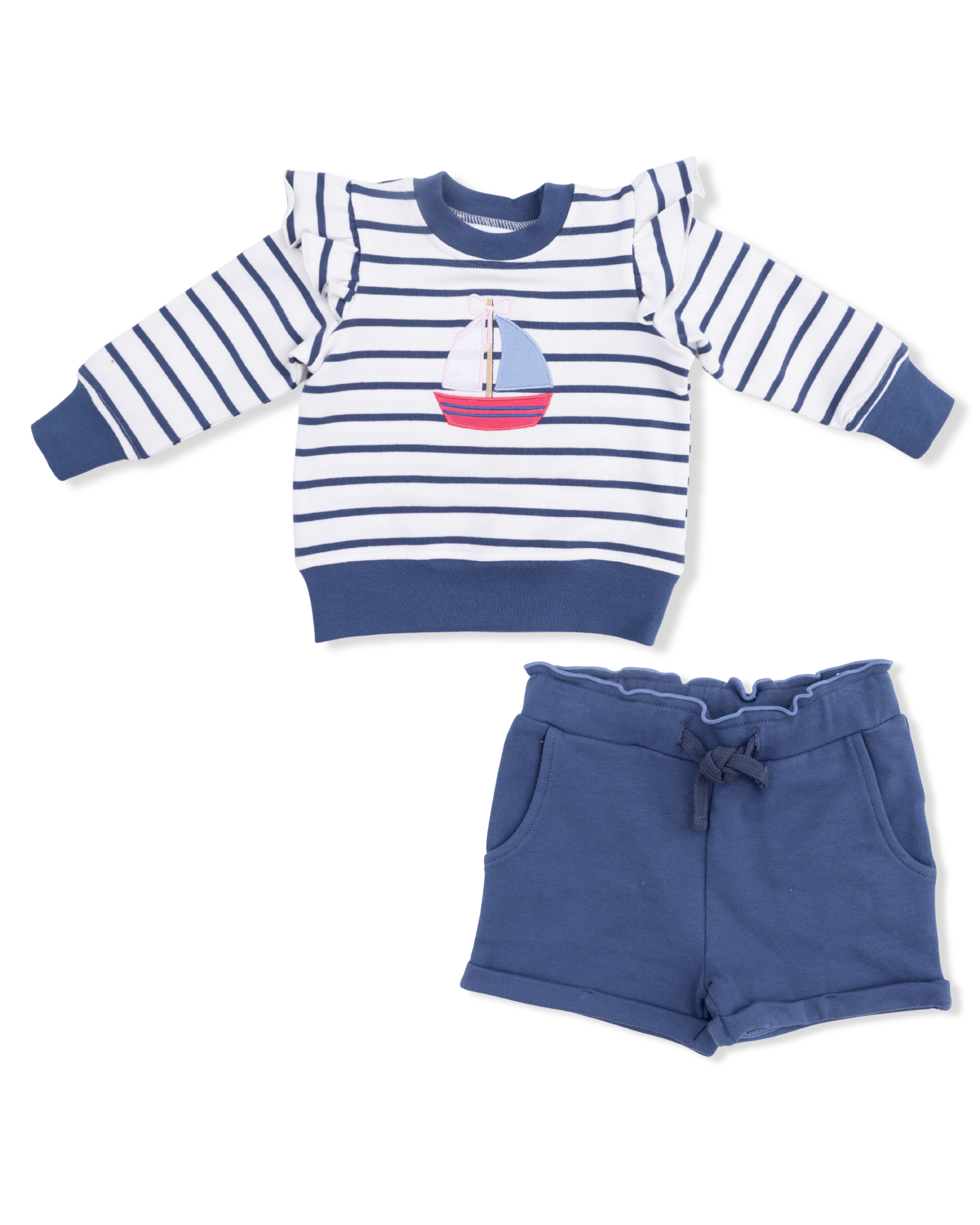 Ruffle Sweatshirt & Paperbag Short - Bubbly Sailboat French Terry