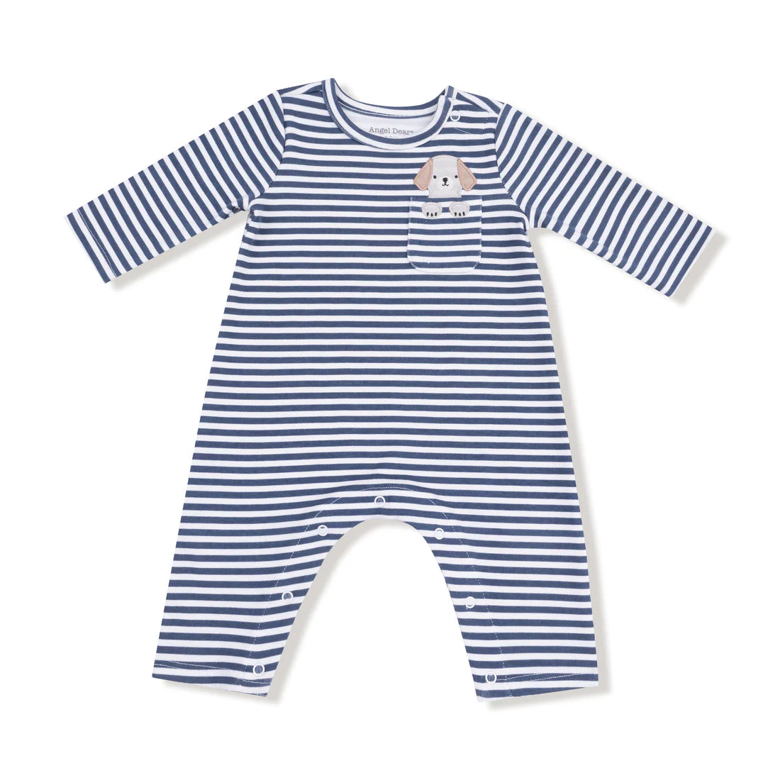 Long Sleeve Snap Shoulder Romper - Stripes With Puppy Detailing