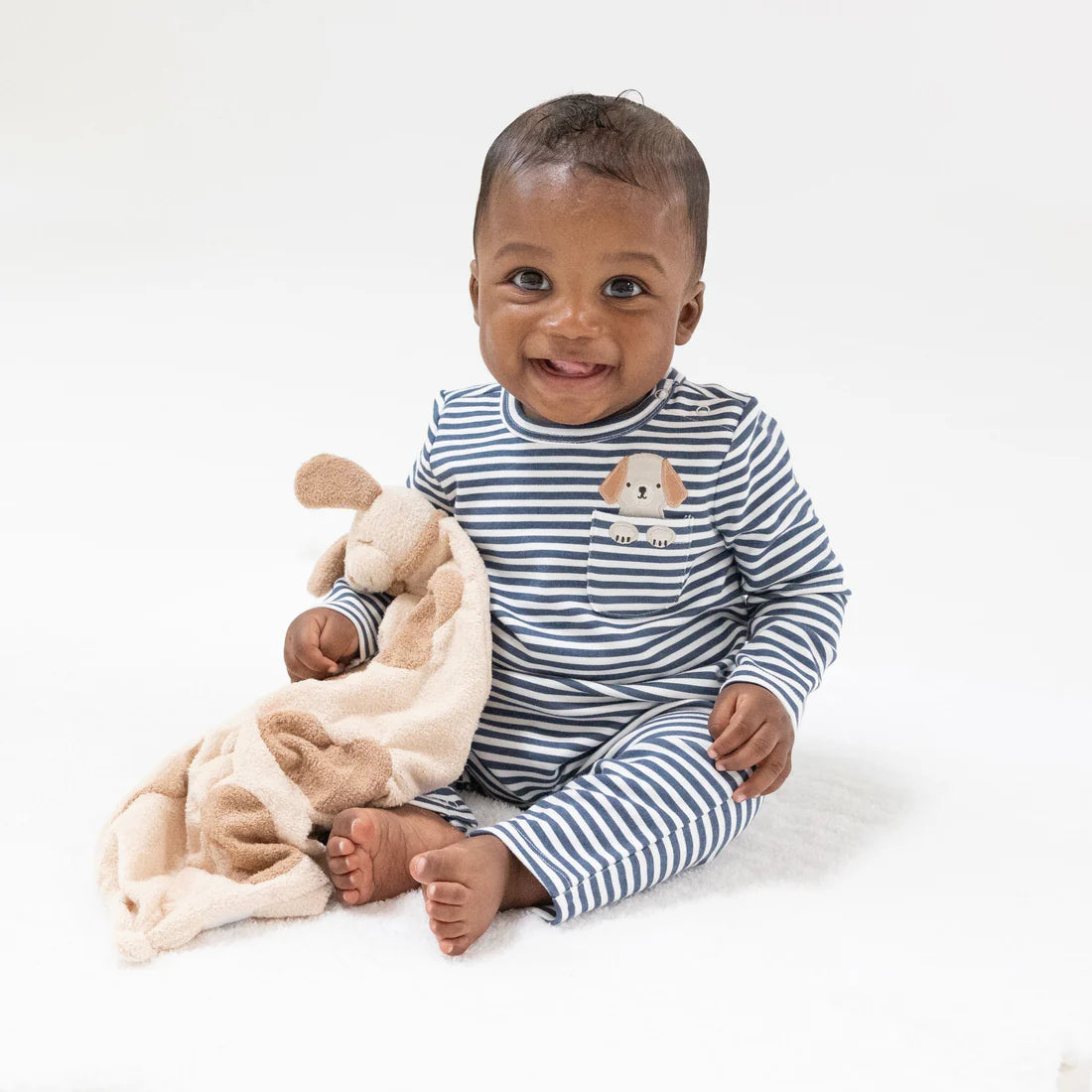 Long Sleeve Snap Shoulder Romper - Stripes With Puppy Detailing