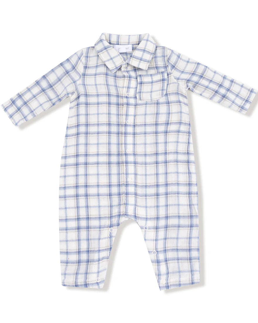 Long Sleeve Polo Romper with Full Placket - Blue Plaid