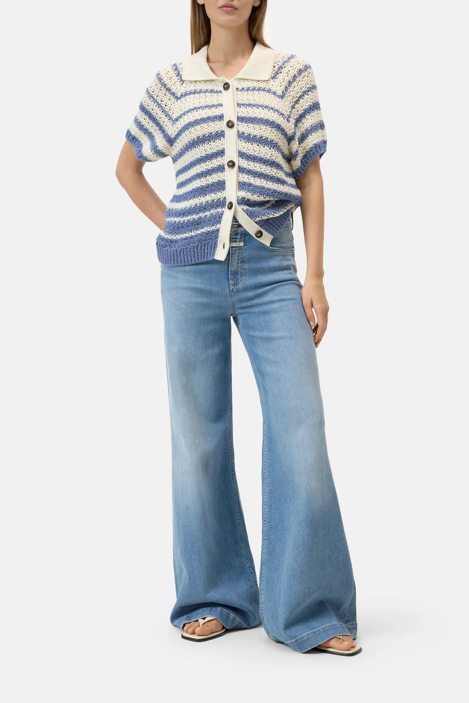 Striped Polo Cardigan - Stone Blue