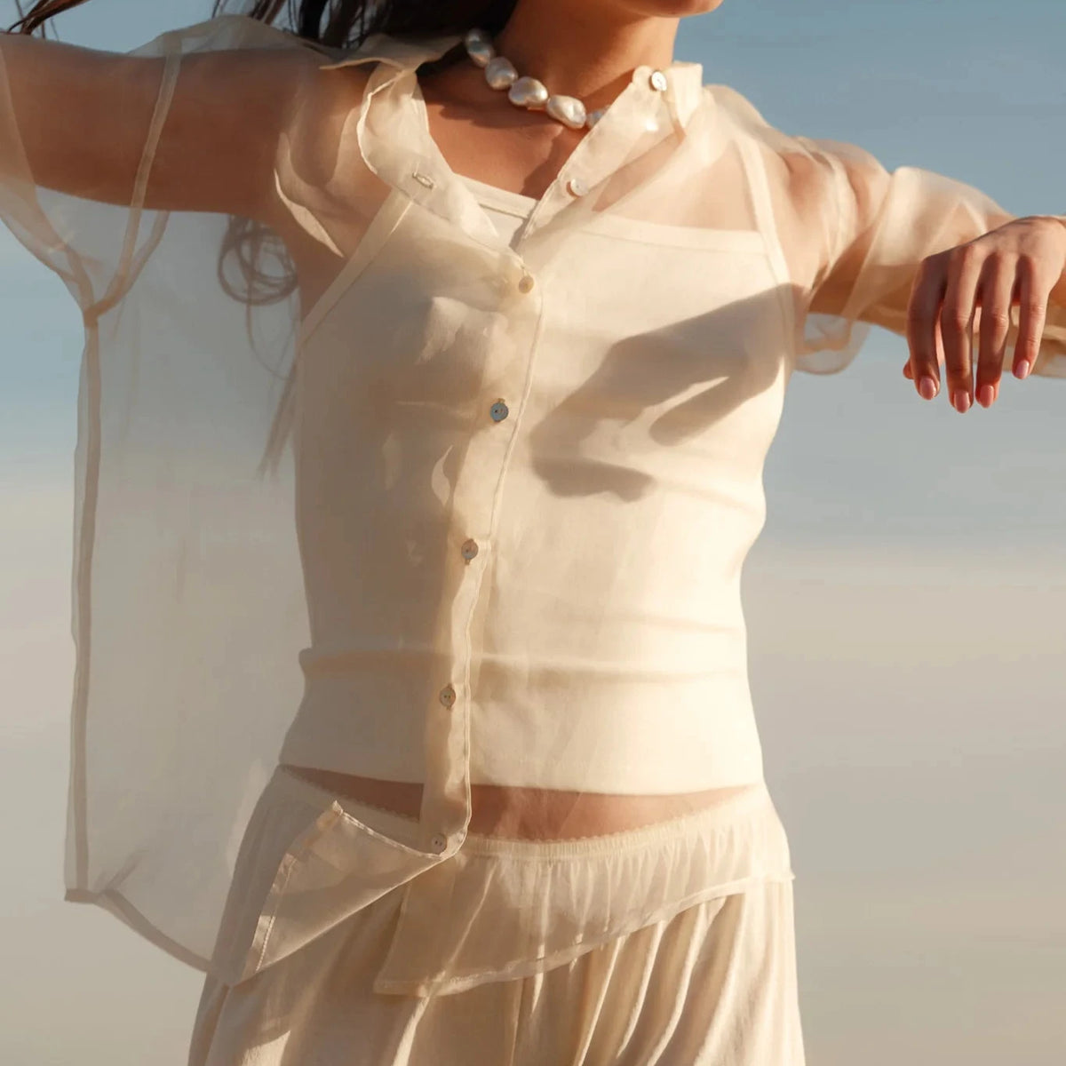 ◎haiiiiina.*◎ Organdy Sheer Shirts SOLENE ORGANZA SILK SHIRT | OVERSIZED SHEER SILK BLOUSE WITH