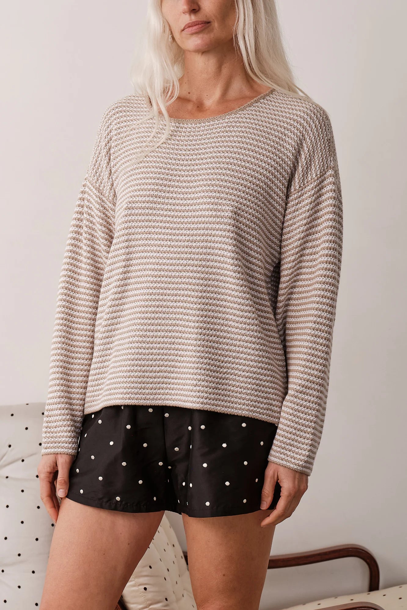 The Knit Stripe Sweater - Shitake/Powder