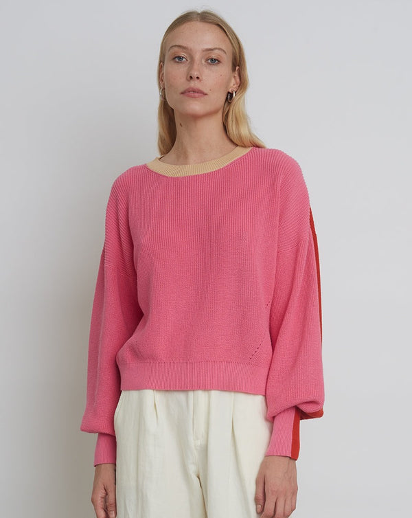 Layla Color Block Sweater - Taffy Pink/Tomato/Sand Combo