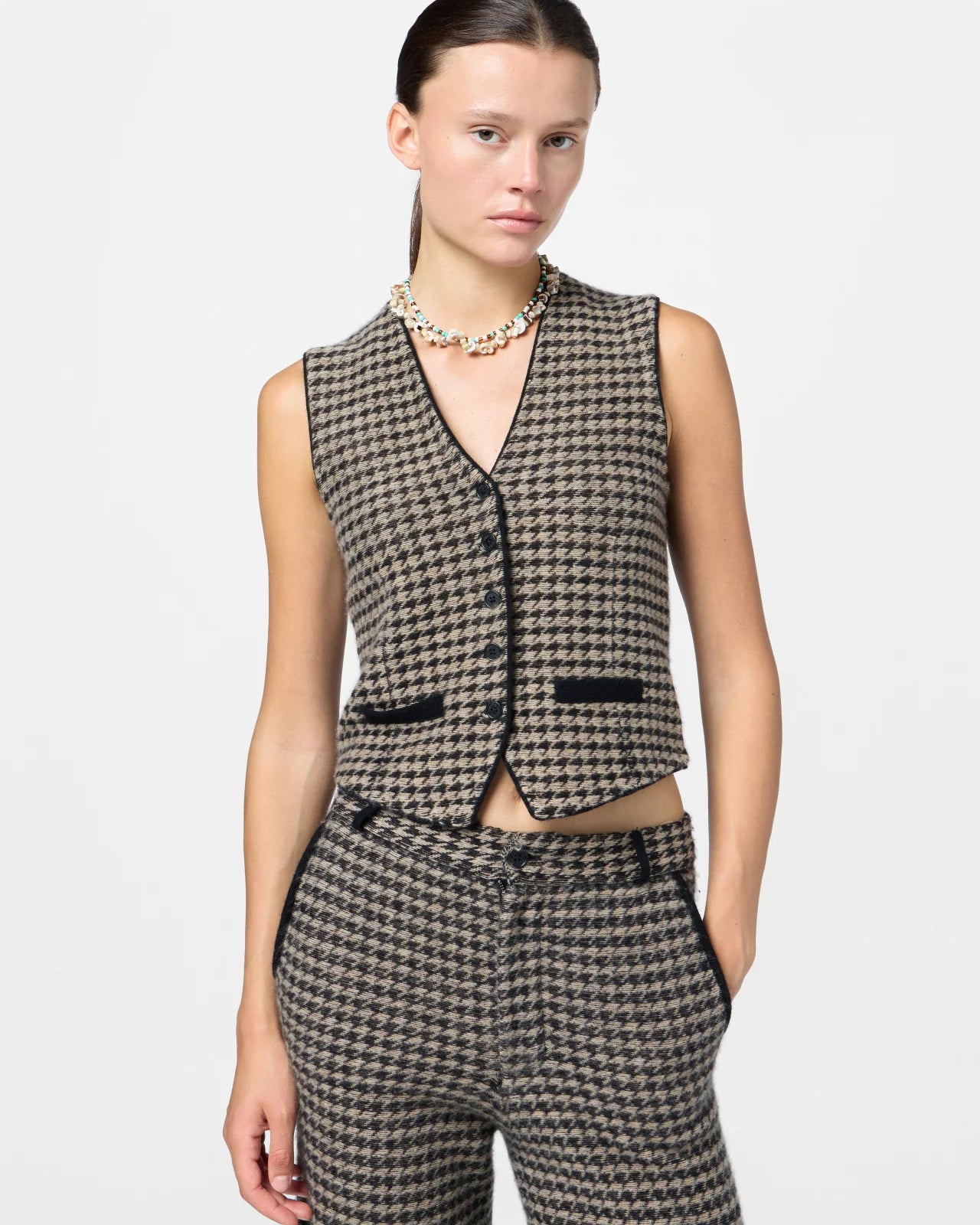 Houndstooth Tailored Vest - Black / Dune