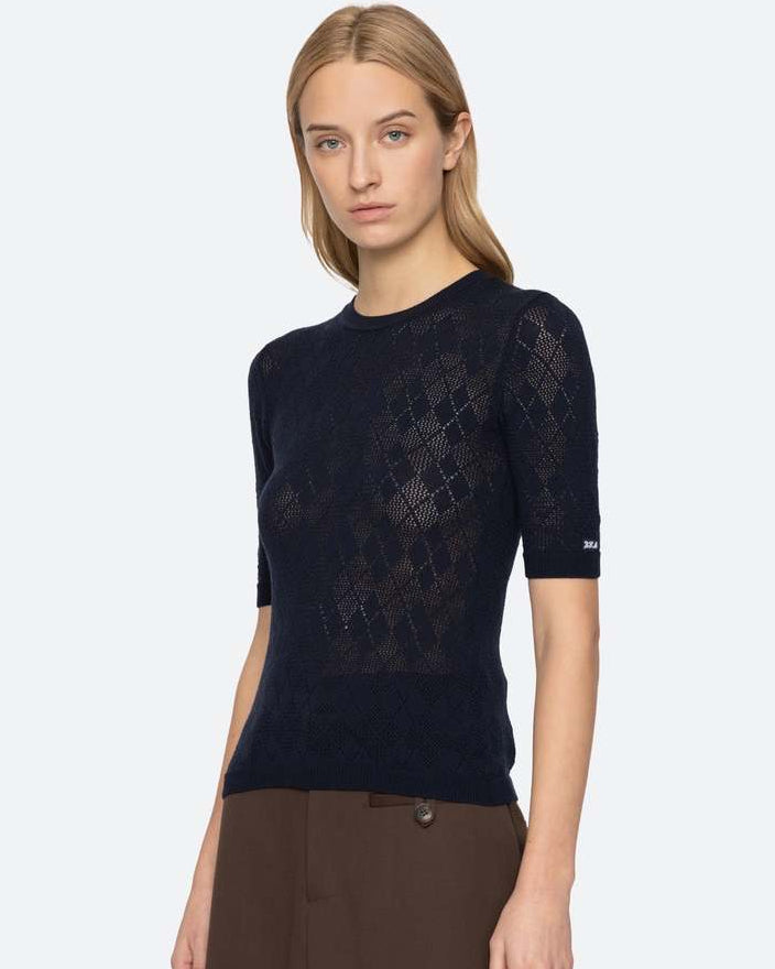 Jane Argyle Short Sleeve Sweater - Navy