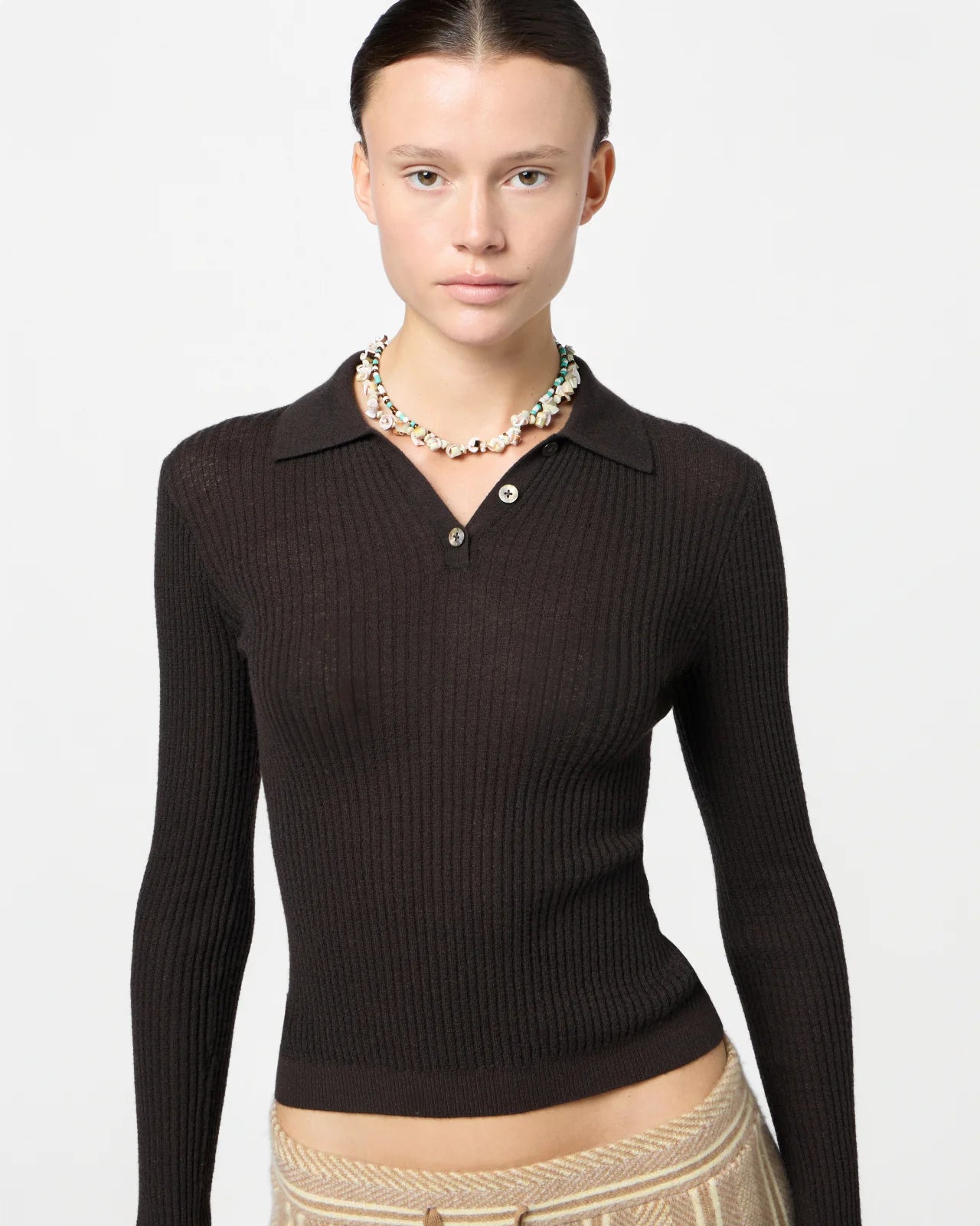 Long-Sleeved Shrunken Polo - Burnt Cocoa
