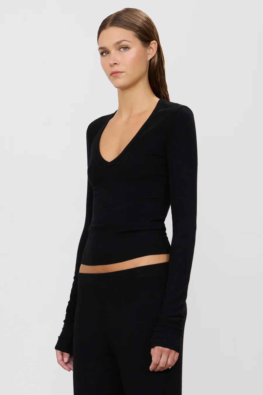 Long Sleeve V-Neck Top - Black
