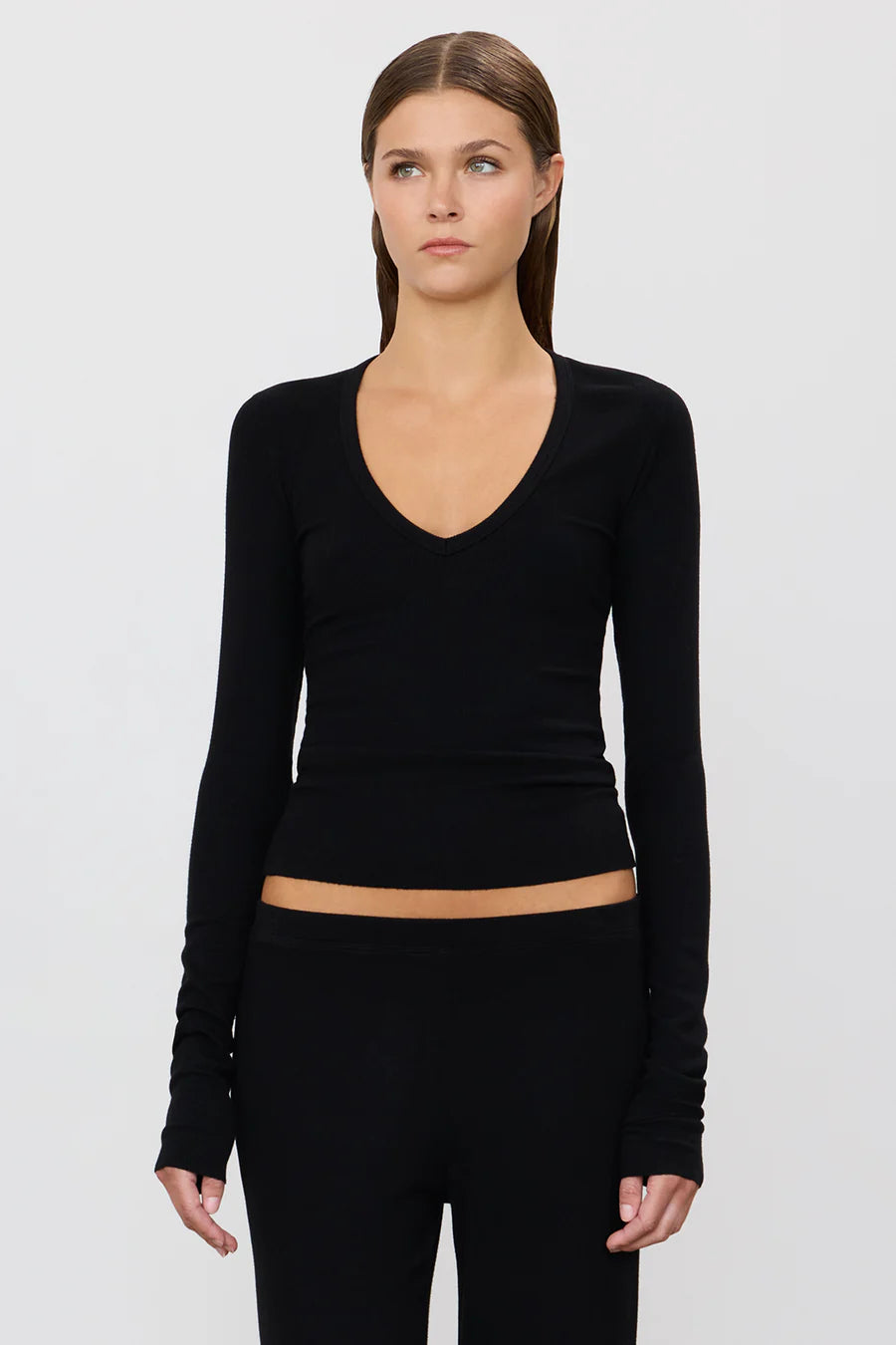 Long Sleeve V-Neck Top - Black