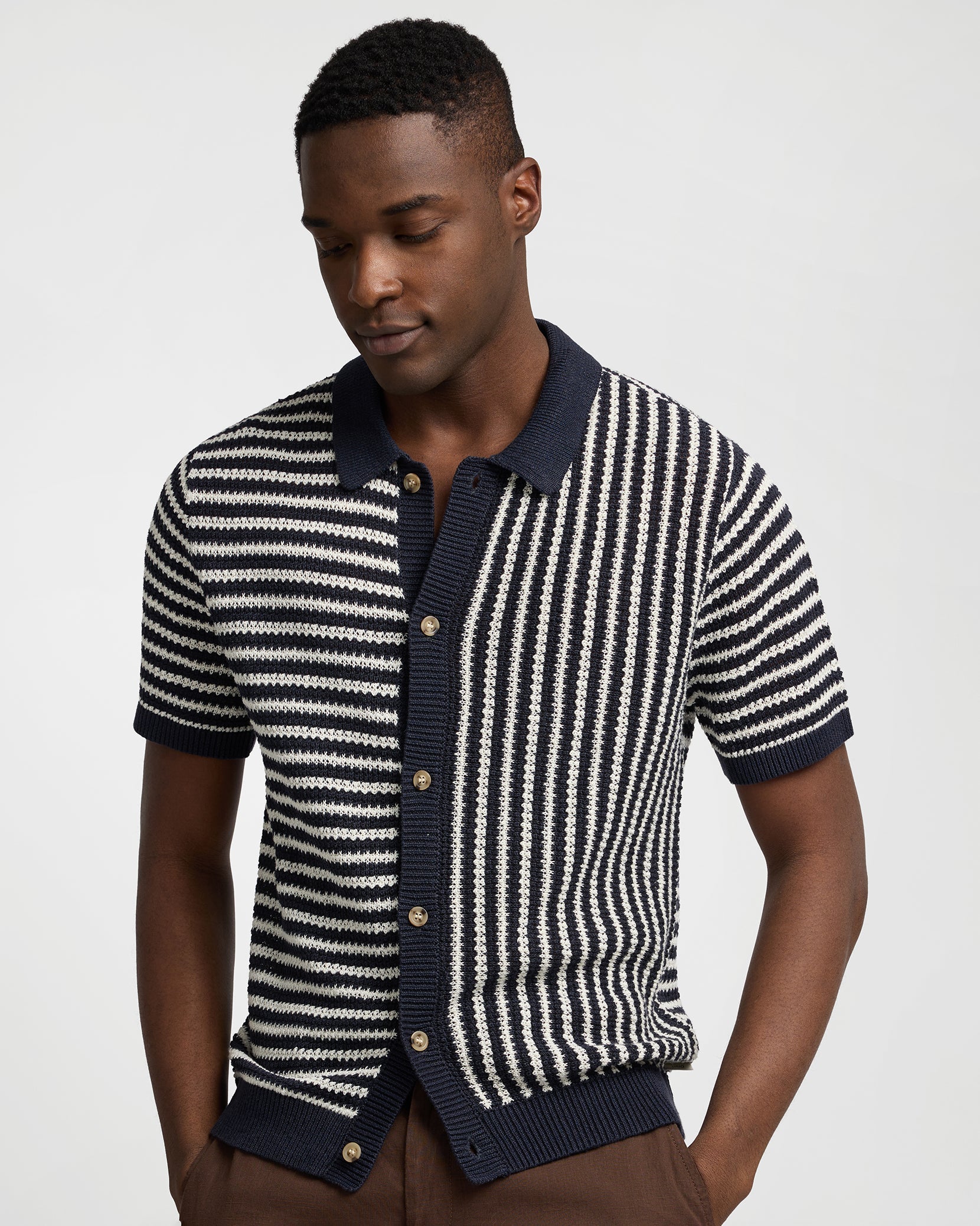 Linen Short Sleeve Button Up Sweater - Midnight/Egret
