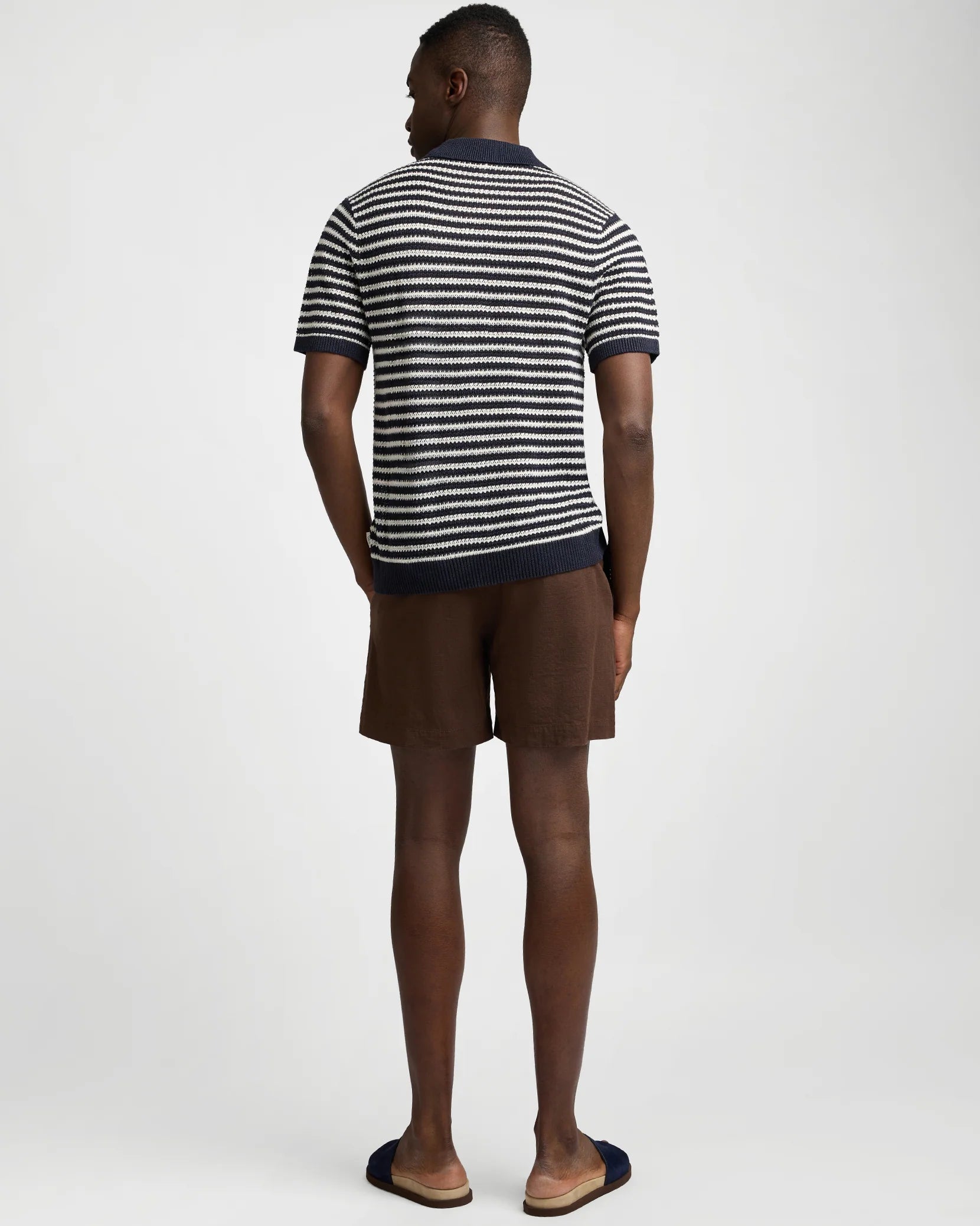 Linen Short Sleeve Button Up Sweater - Midnight/Egret