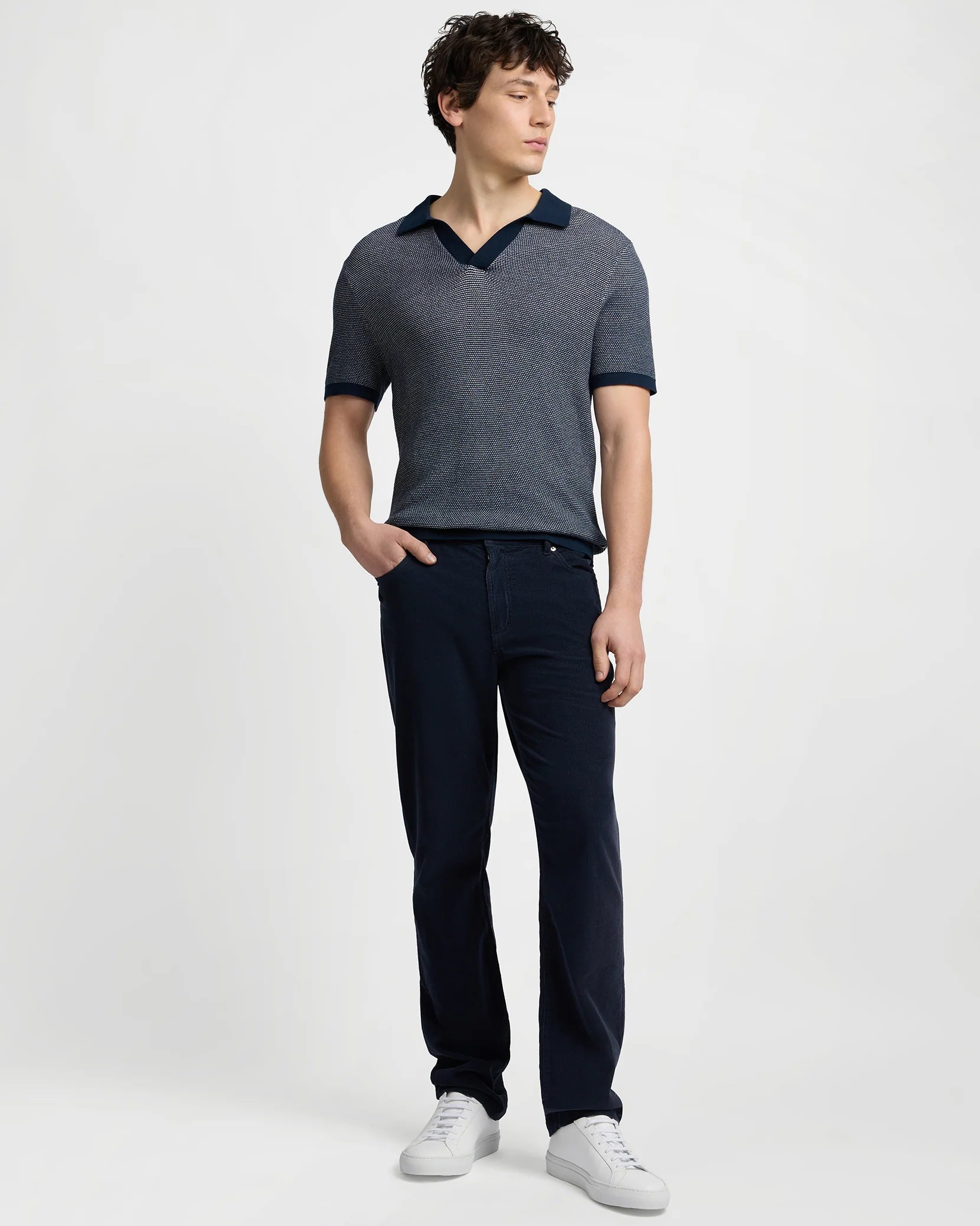 Cotton Textured Johnny Collar Polo - Midnight/White