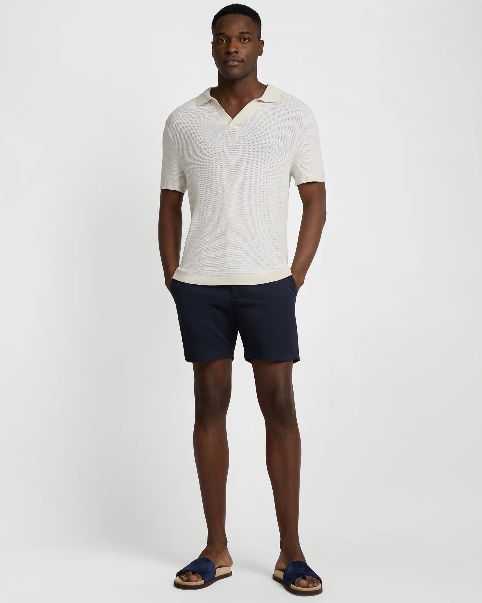 Cotton Textured Johnny Collar Polo - Stone/White