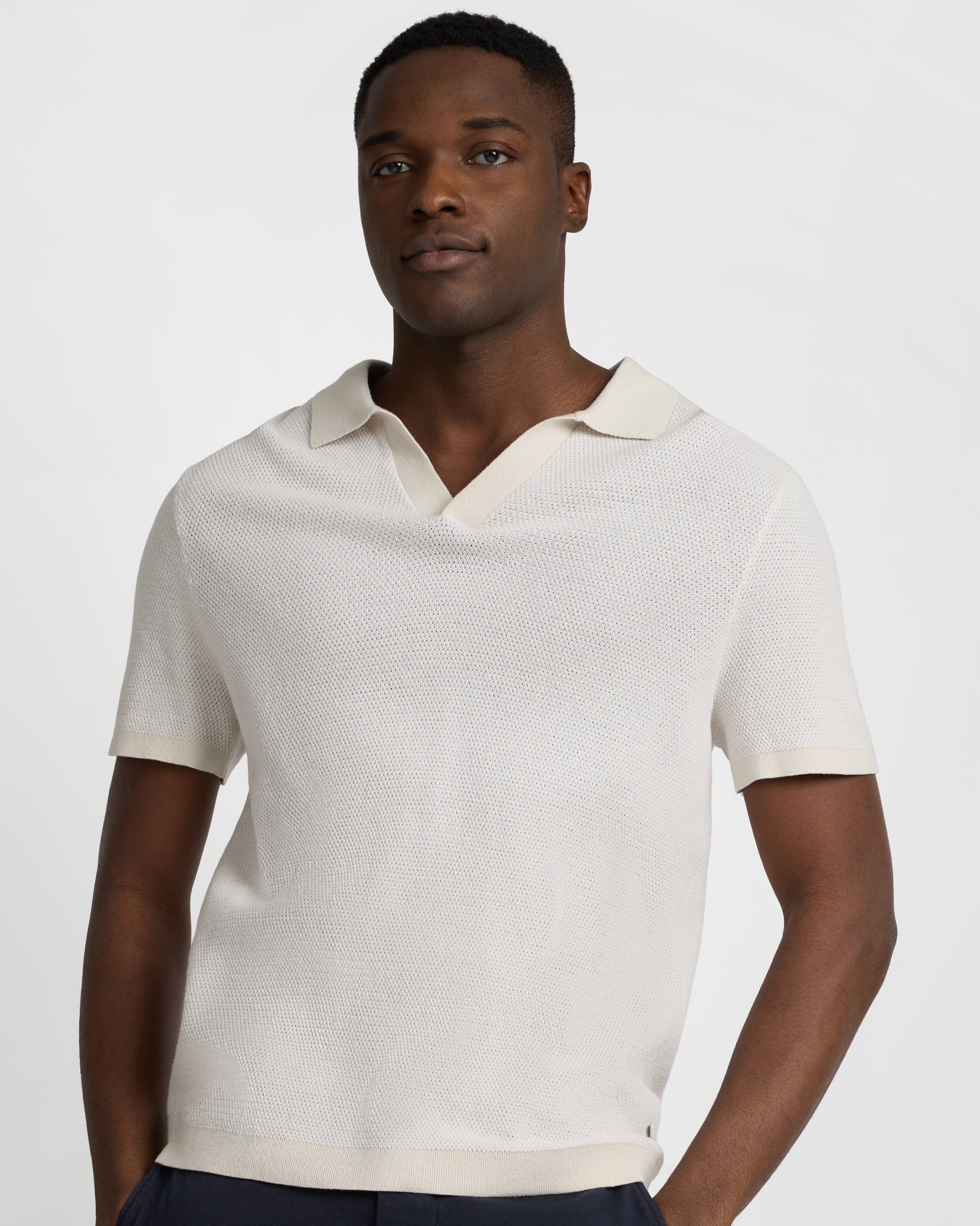 Cotton Textured Johnny Collar Polo - Stone/White