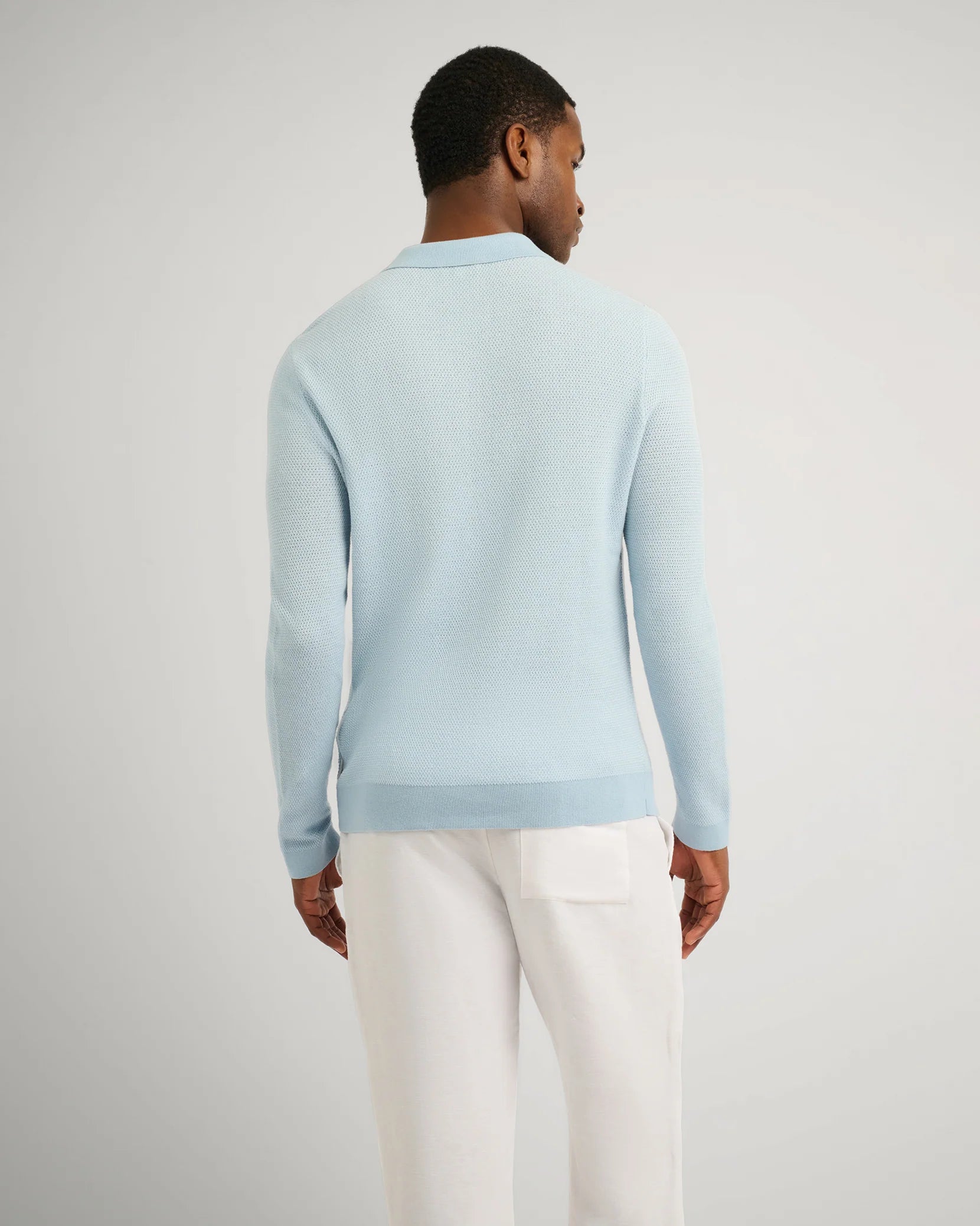 Cotton Textured Knit Long Sleeve Polo - Pale Blue