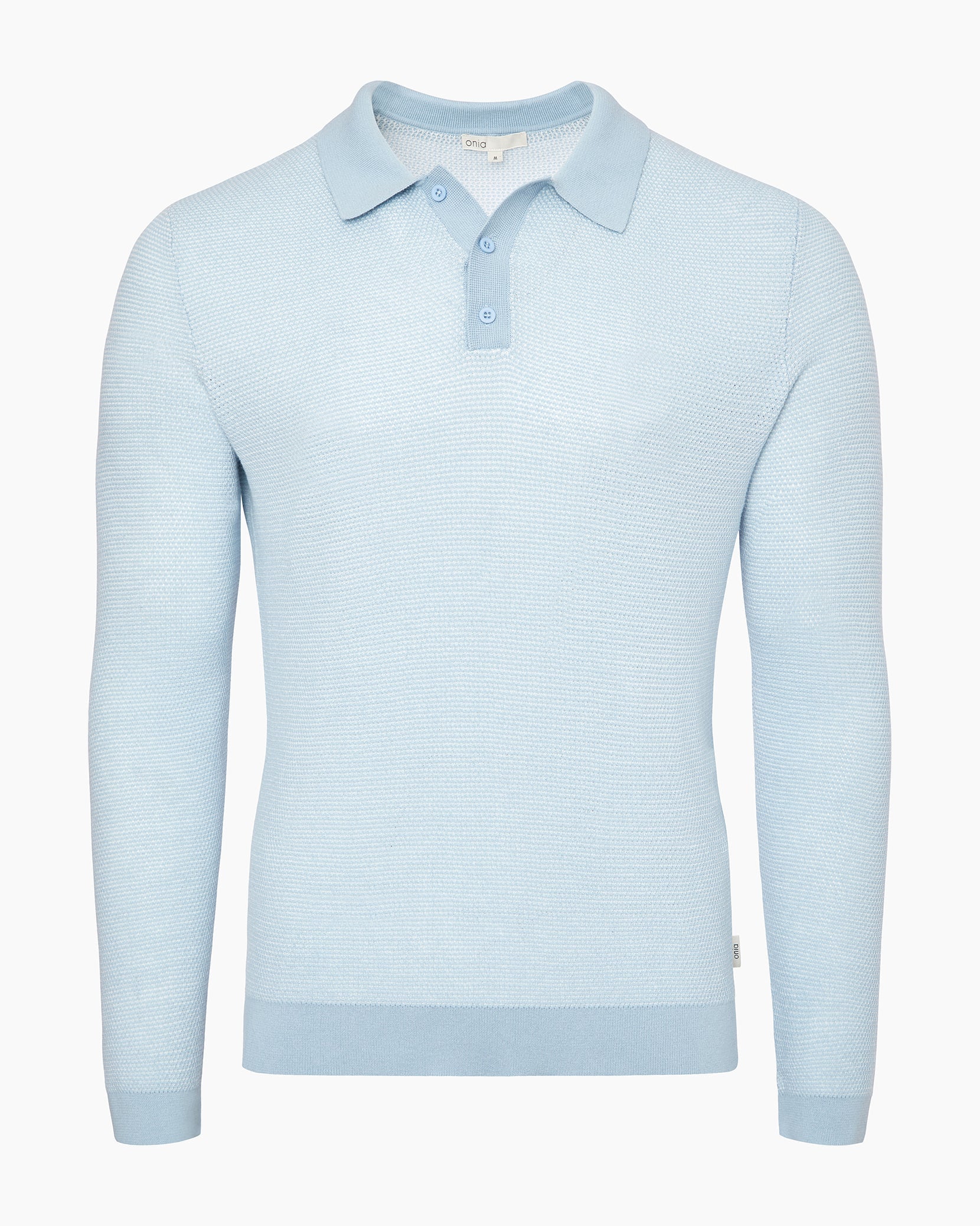 Cotton Textured Knit Long Sleeve Polo - Pale Blue