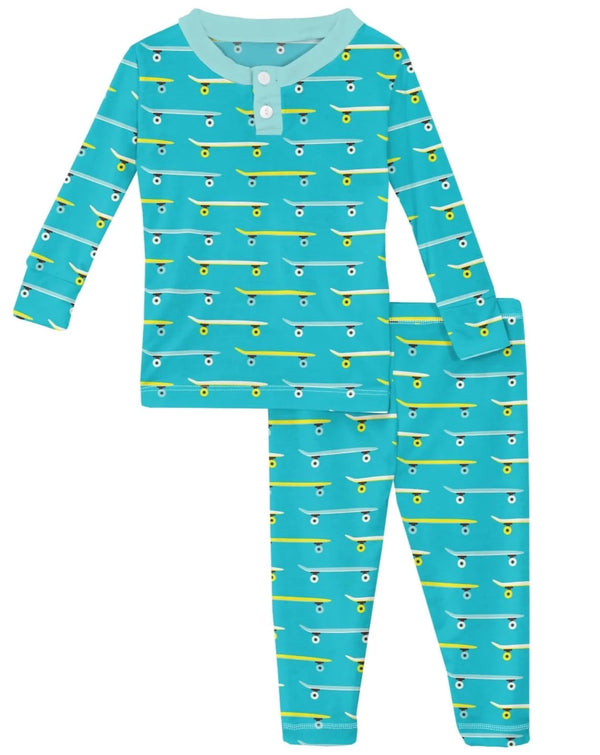 Print Long Sleeve Henley Pajama Set - Confetti Skateboard