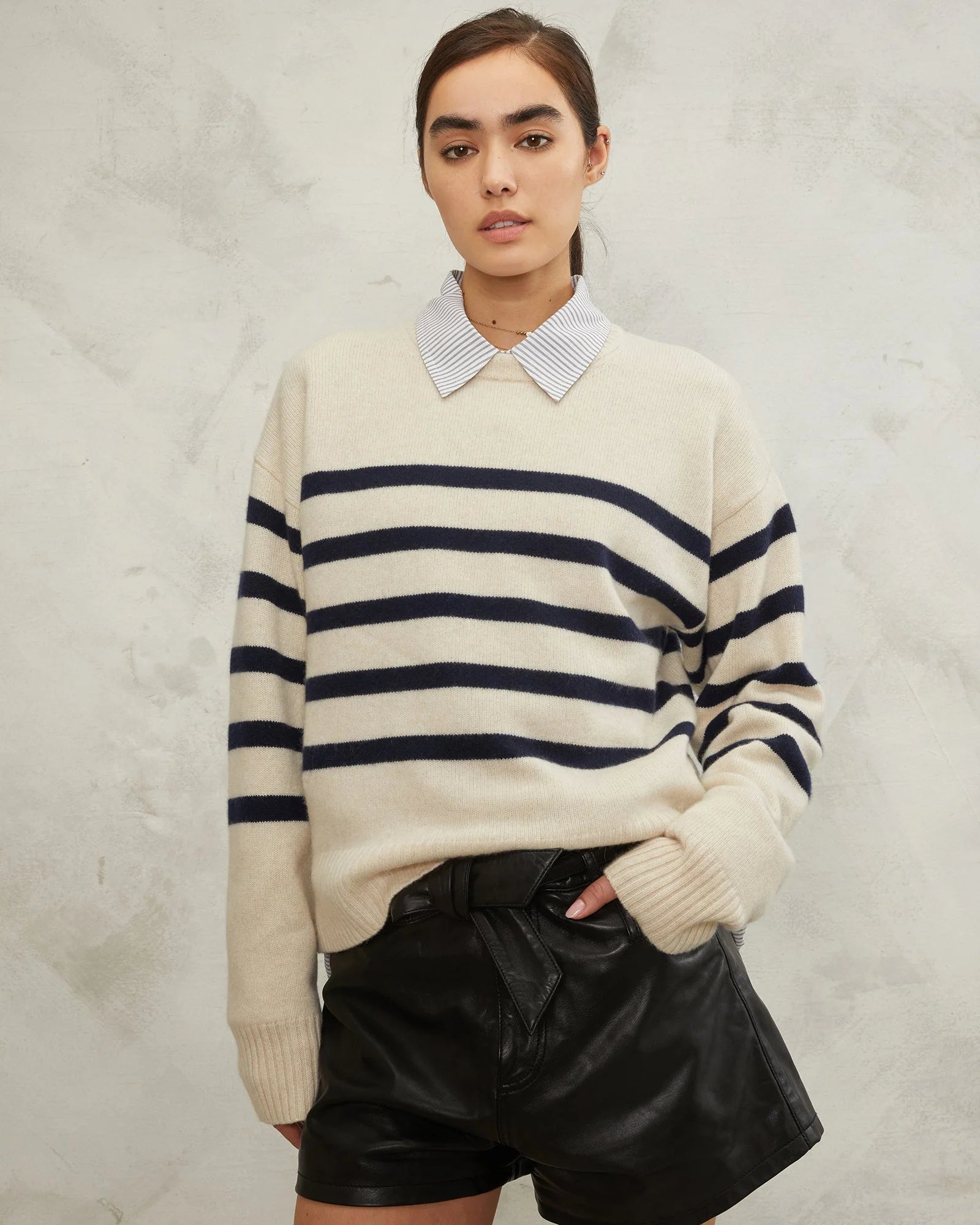 Elia Cashmere Crewneck Sweater - Cream/Navy Stripe