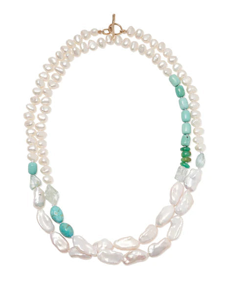 14K Gold Cabana Necklace In Turquoise & Pearl