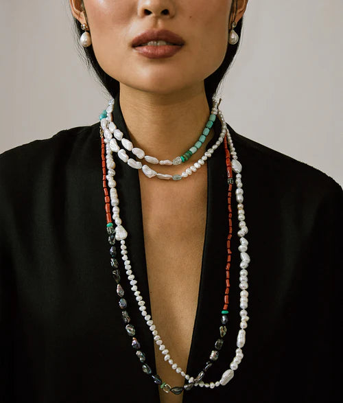 14K Gold Cabana Necklace In Turquoise & Pearl