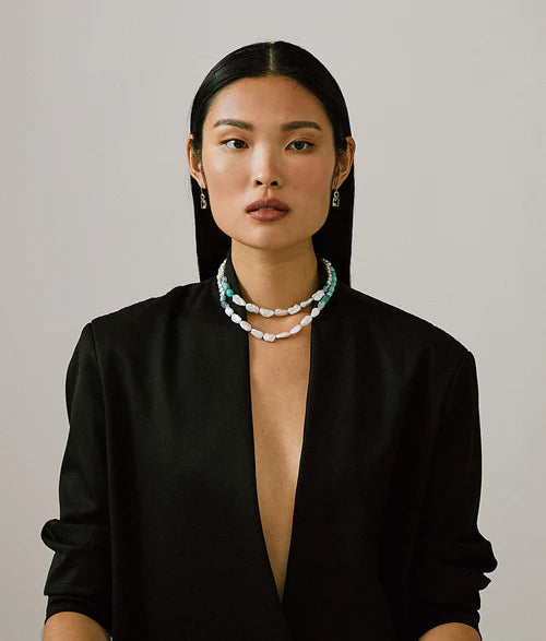 14K Gold Cabana Necklace In Turquoise & Pearl
