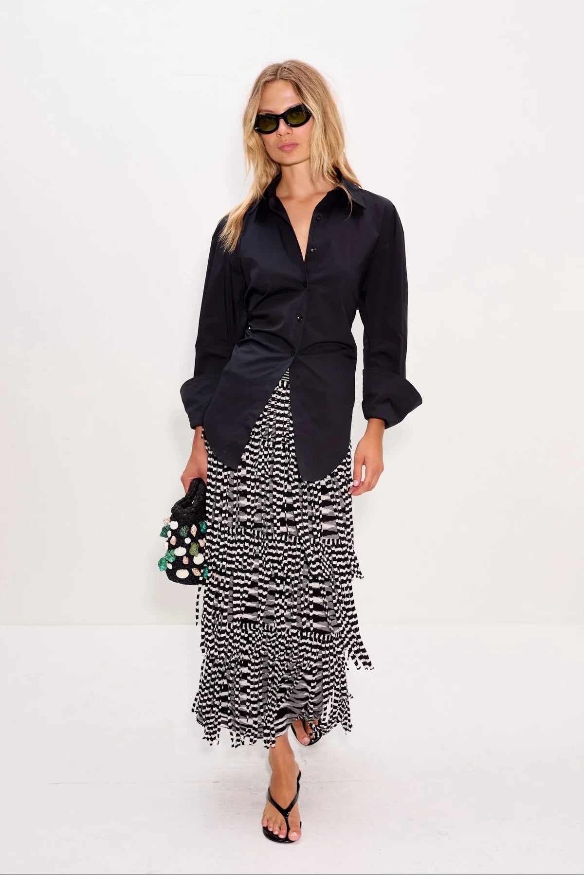 Za Za Knit Fringe Skirt - Black/White Space Dye