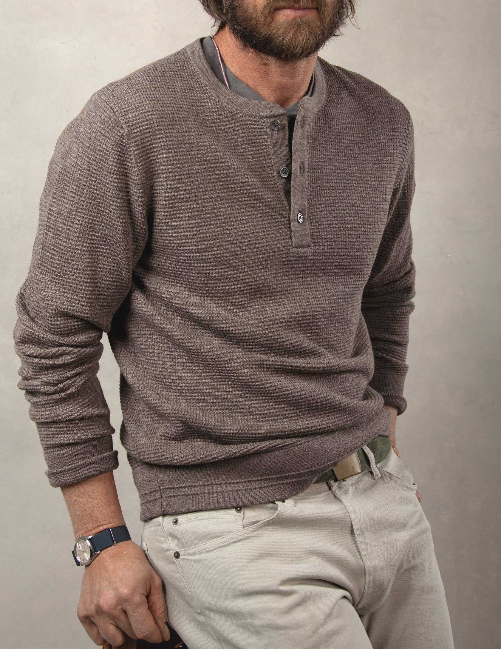 Cody Merino Waffle Henley - Driftwood