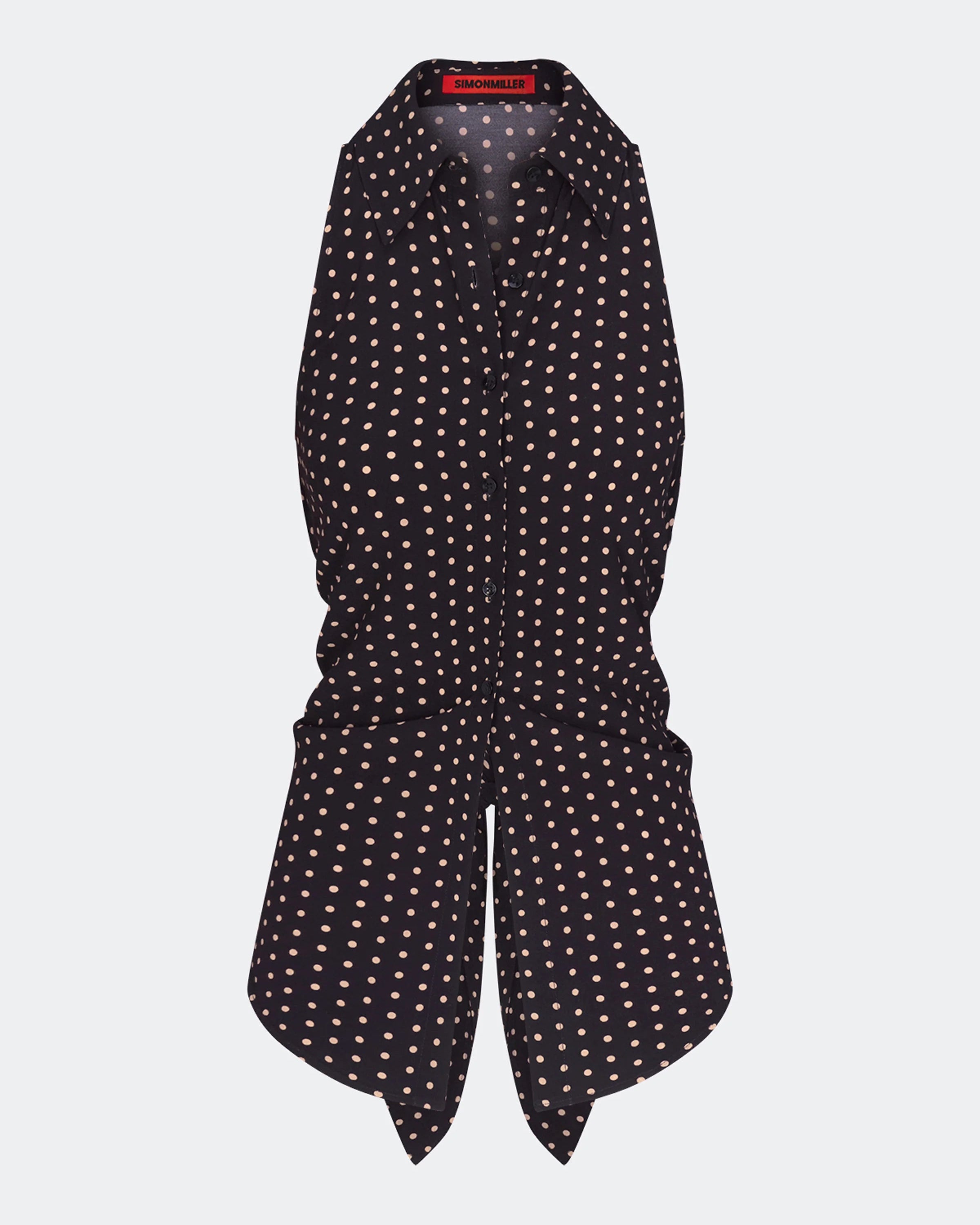 Loch Sleeveless Crepe Button Up - Black/Tan Polka Dot