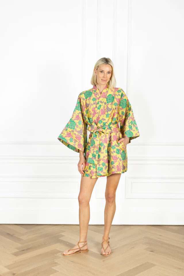 Lemon Floral Jacquard Mini Wrap Dress