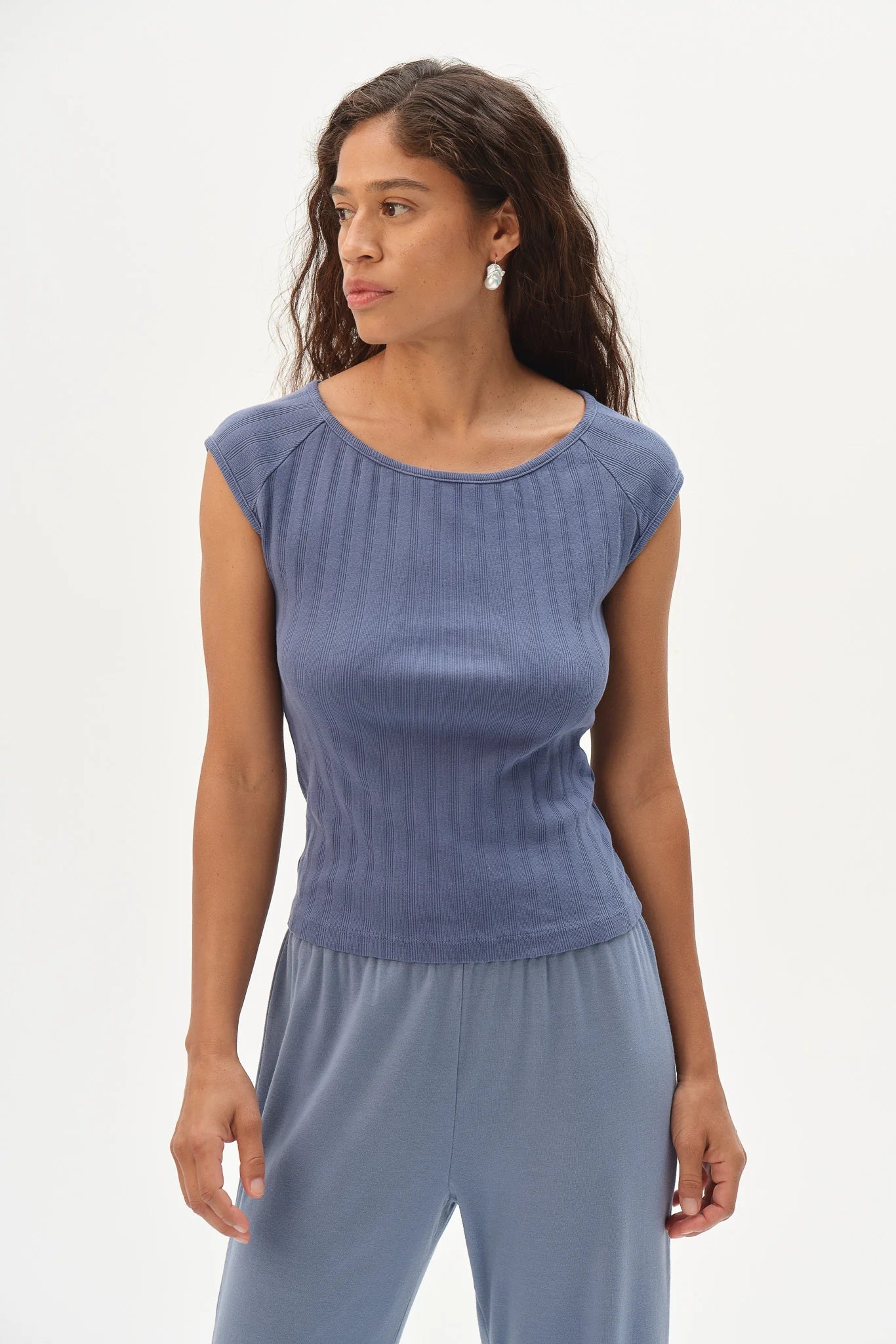 The Varied Rib Wide Neck Tee - Lapis