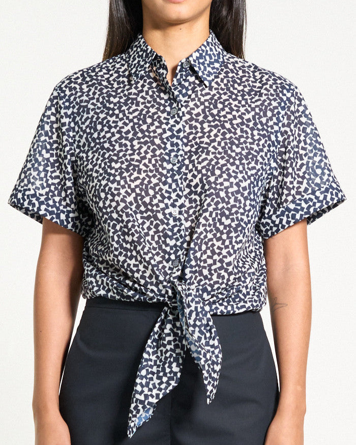 Tie Front Button Down Shirt - Navy