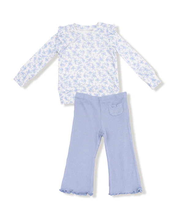 Ruffle Shoulder Rib Shirt + Waffle Flare Pant - Romi Floral