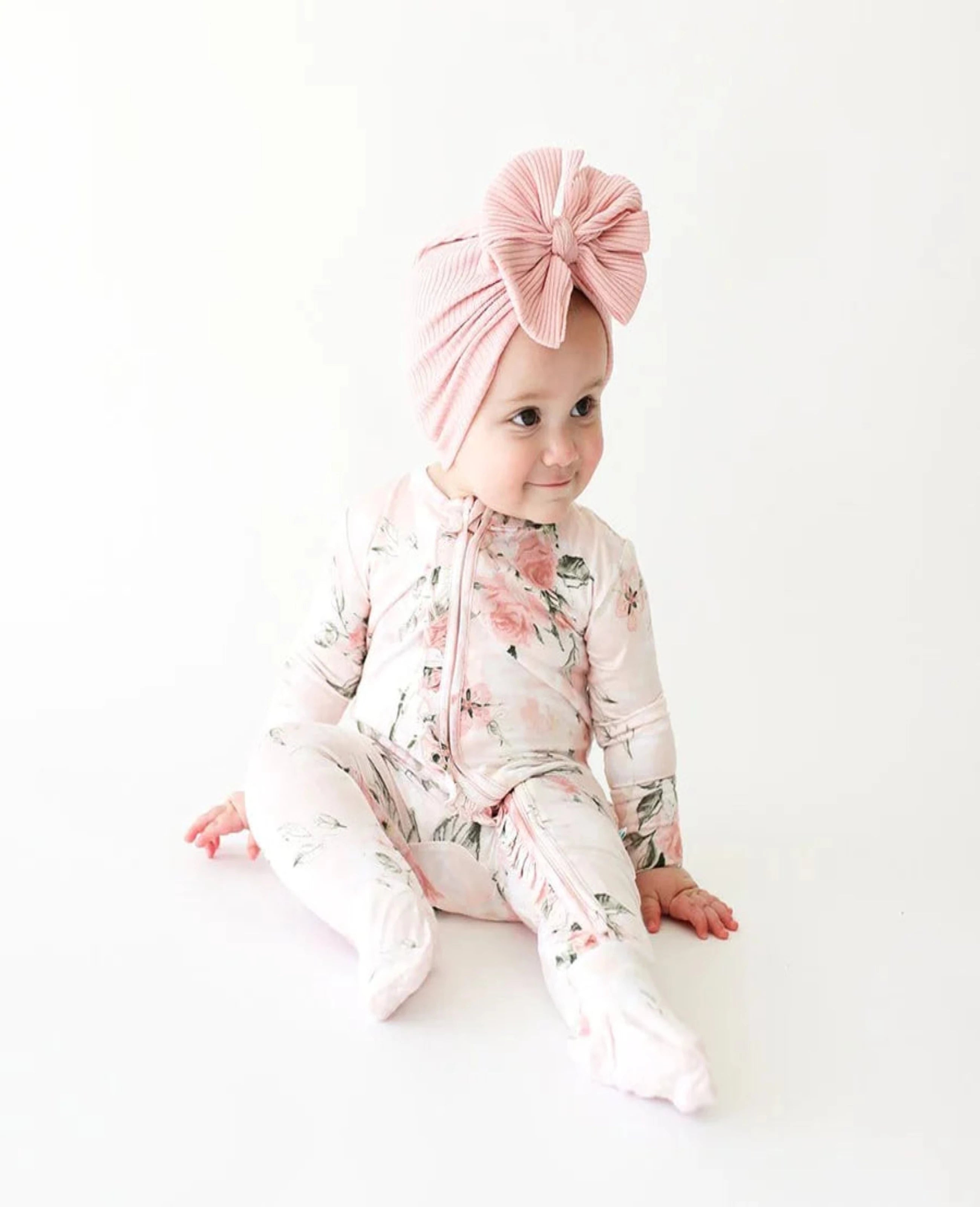 Vintage Pink Rose Headband and Zippered Ruffled Footie